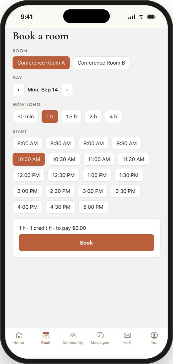 Seagate Works app — Book a room: choose the room, day, duration, and start time