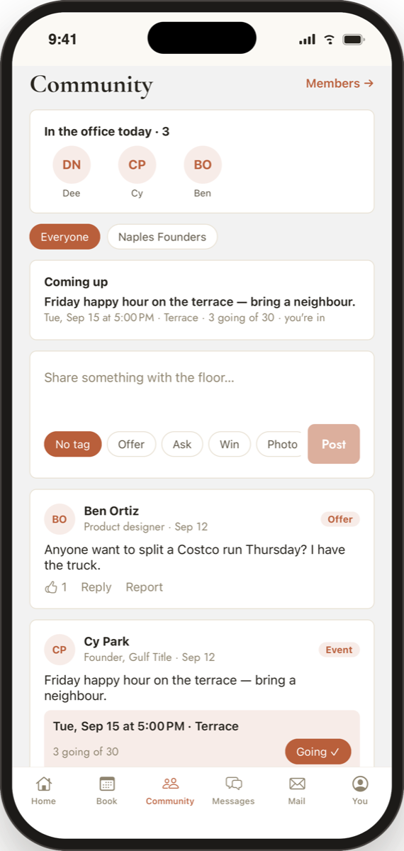 Seagate Works app — Community: who's in the office today, the floor feed, and upcoming events