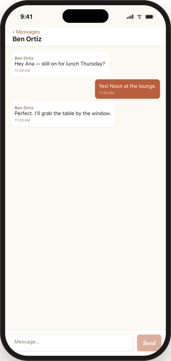 Seagate Works app — Messages: a direct thread with a neighbour