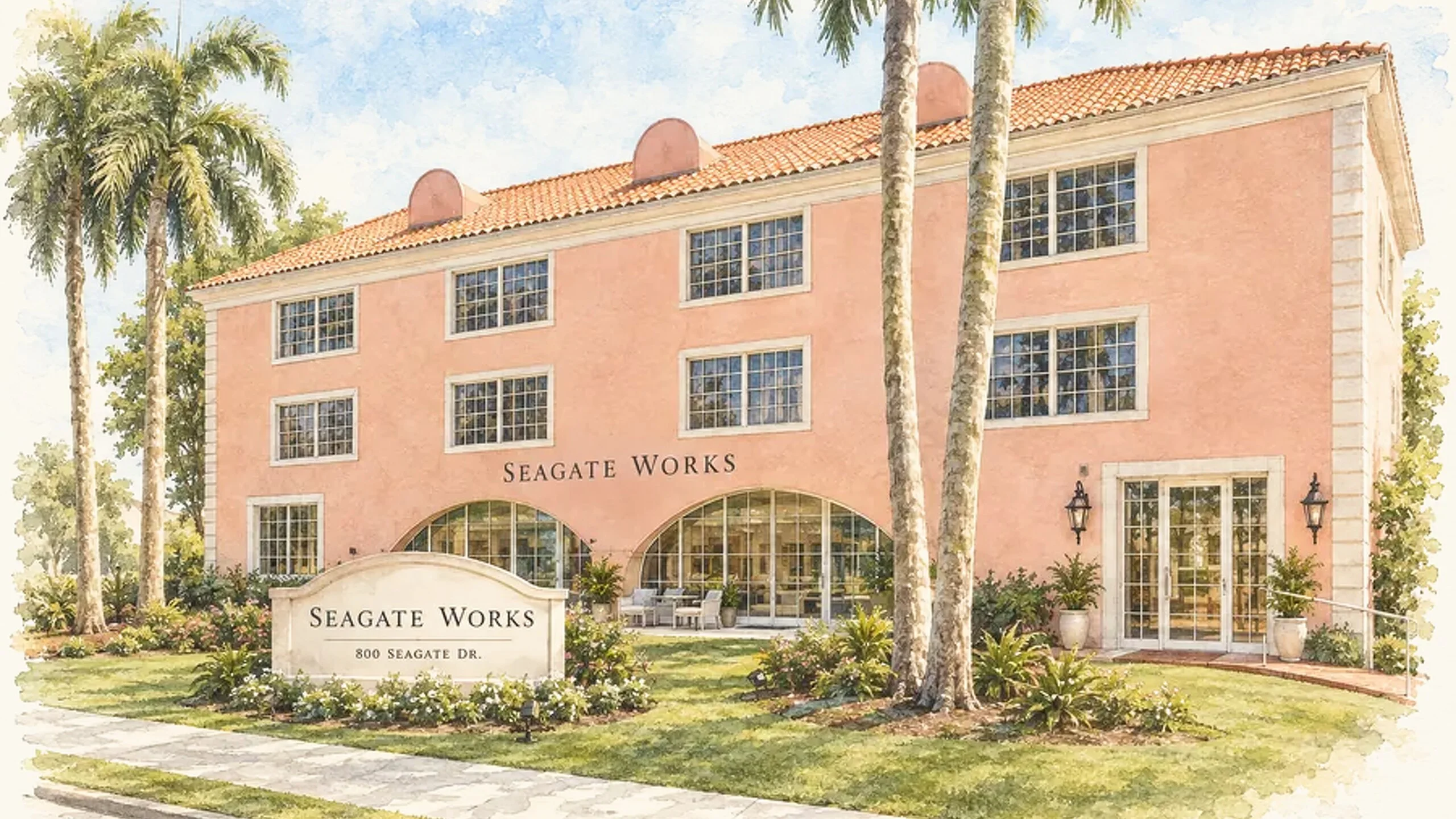 Watercolor of the Seagate Works building at 800 Seagate Drive, Naples — a Mediterranean Revival façade with the Seagate Works sign, under palms