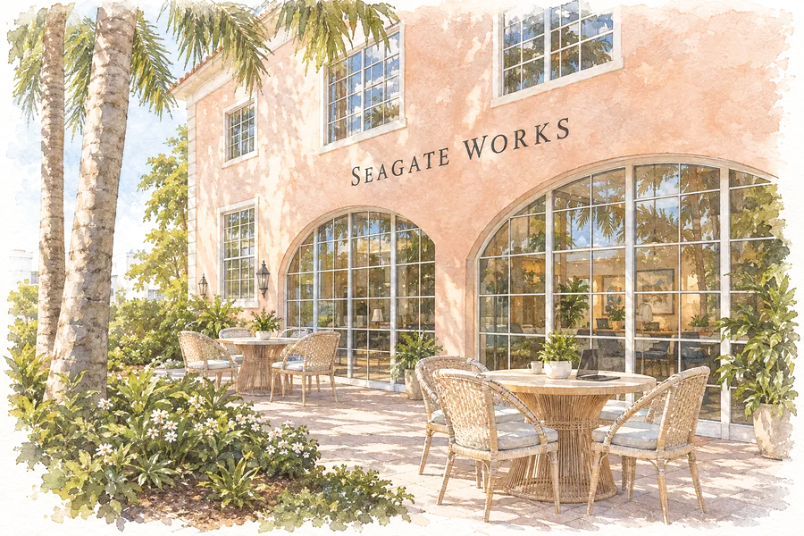 Watercolor of the patio at Seagate Works