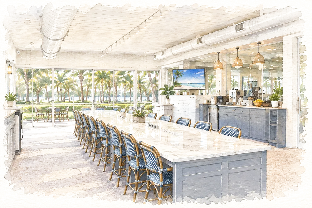 Watercolor of the open desks and counters at Seagate Works