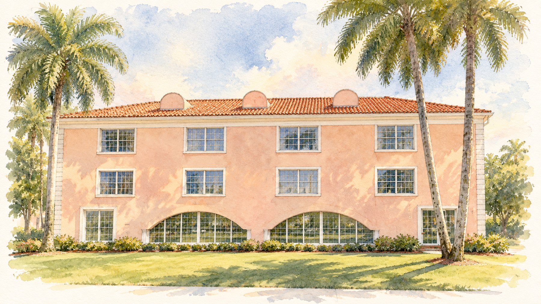 Watercolor illustration of the Seagate Works building, Naples