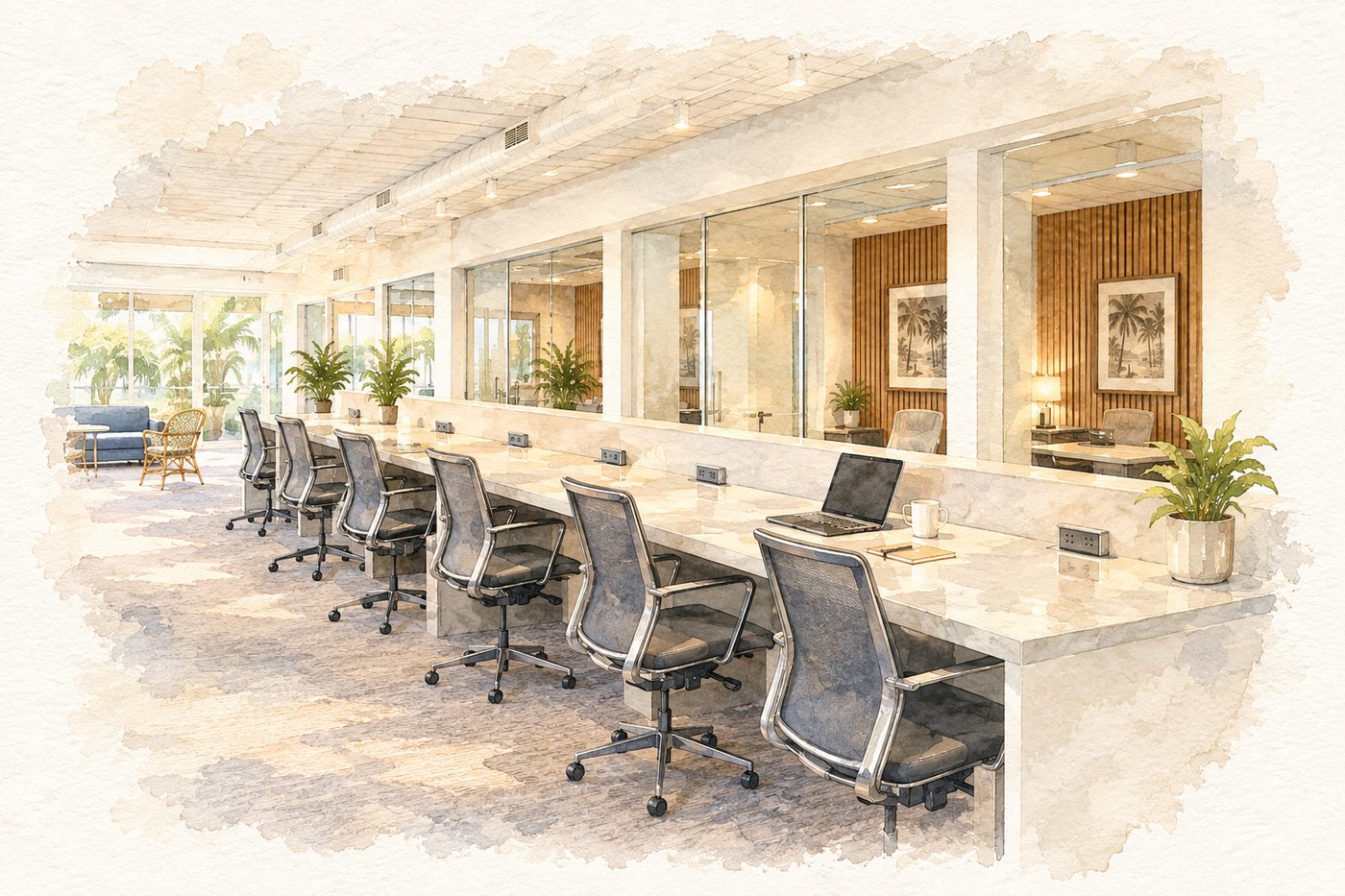Watercolor of the counters and glazed studies at Seagate Works