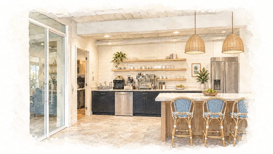Watercolor of the kitchen at Seagate Works